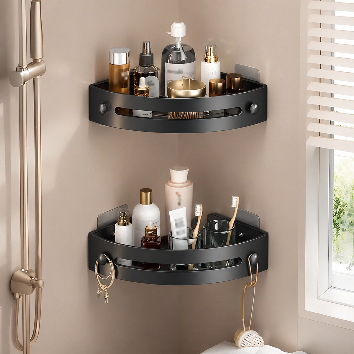 🔥 Bathroom Storage Upgrade 🚿 No-Drill Triangle Shower Caddy with Strong Adhesive & Fast Drainage