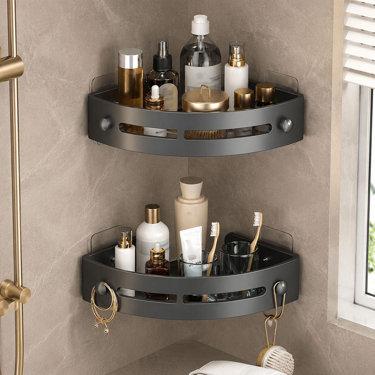 🔥 Bathroom Storage Upgrade 🚿 No-Drill Triangle Shower Caddy with Strong Adhesive & Fast Drainage